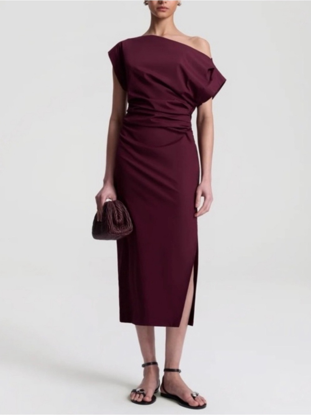 A.L.C. Nara Off Shoulder Ruched Midi Dress Women's Size 4 Stretch Cotton Plum
